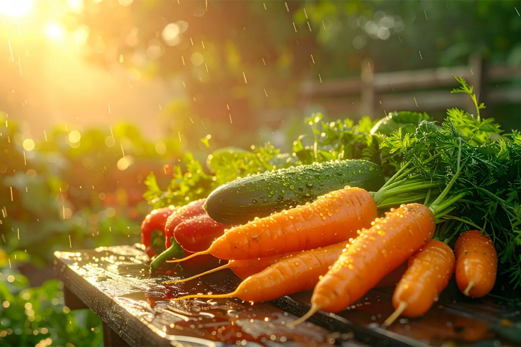 Gartengemüse liegt auf Holztischen im Regen.