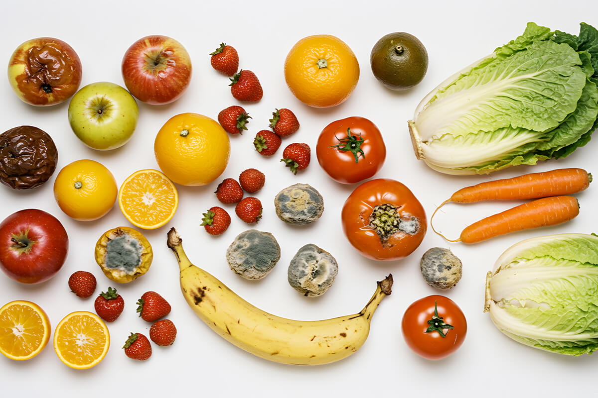 verfaultes Obst und Gemüse auf weißem Hintergrund.