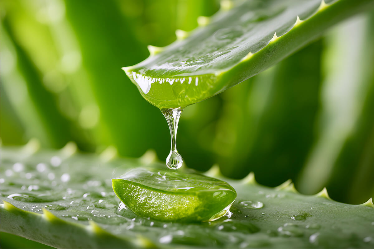 Mikroaufnahme von tropfendem Aloe-Vera-Blatt
