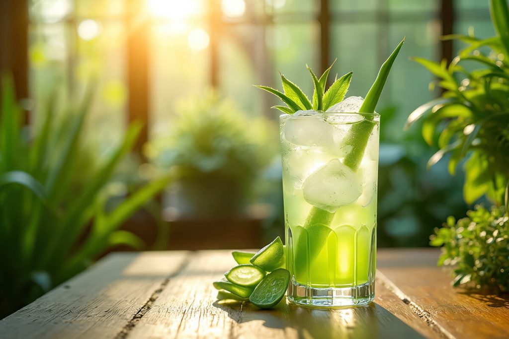Gekühlter frischer Aloe vera-Saft auf Holztisch