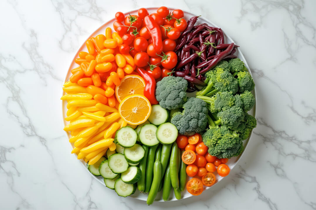 Bunte Gemüsesegmente sind kreisförmig als Ernährungsrad angeordnet.