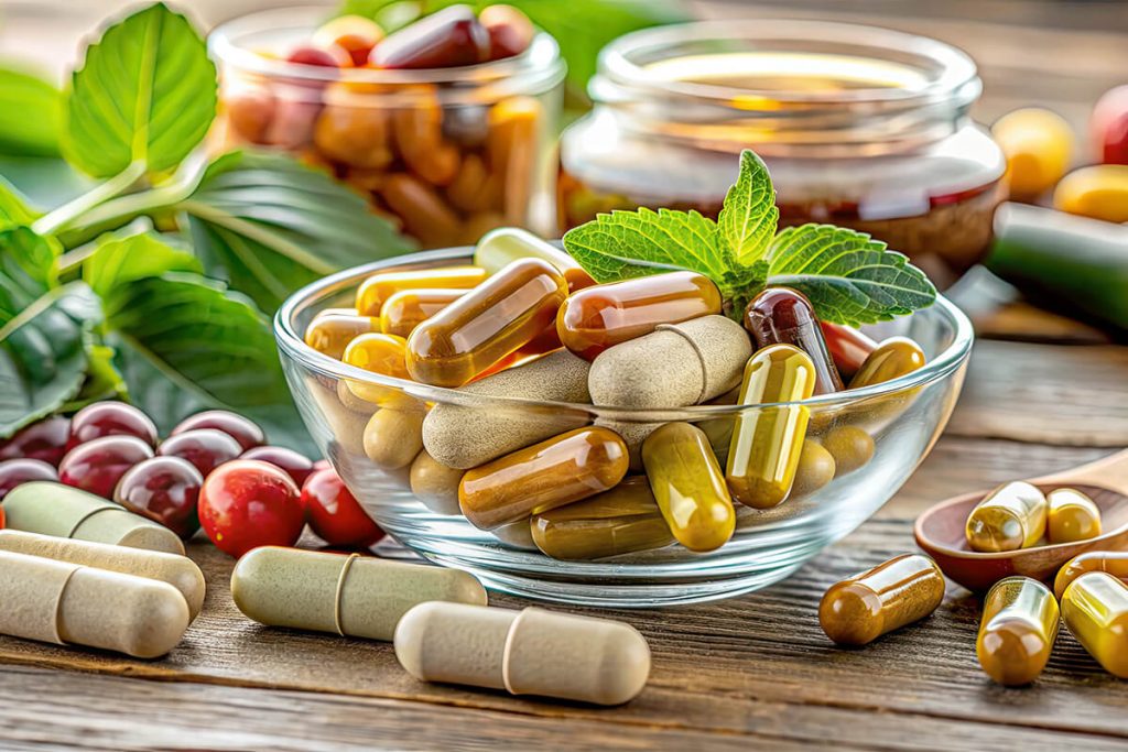 Verschiedene Nutraceuticals, Vitamine und Nahrungsergänzungsmittel liegen arrangiert als Konzept für Gesundheit und Wellness.
