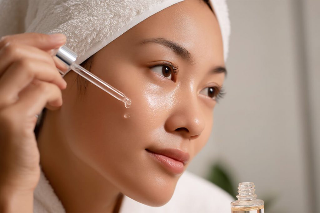 Junge Asiatin traegt mit Pipette, Serum auf das Gesicht auf.