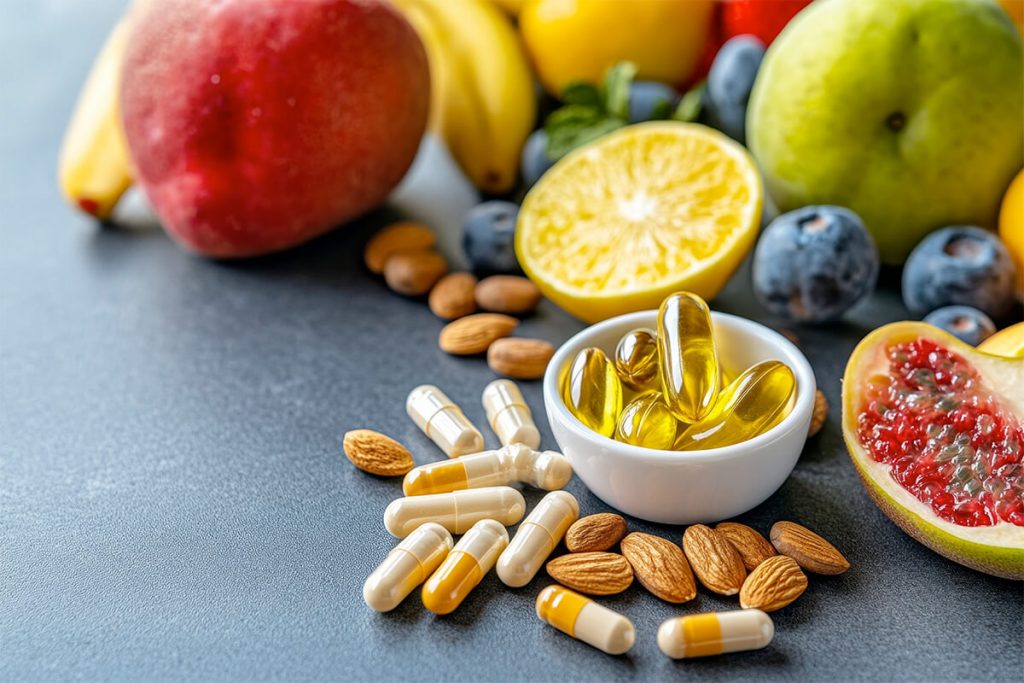 Frühstückstisch mit Obst, Nüssen und Vitamin-Supplements.