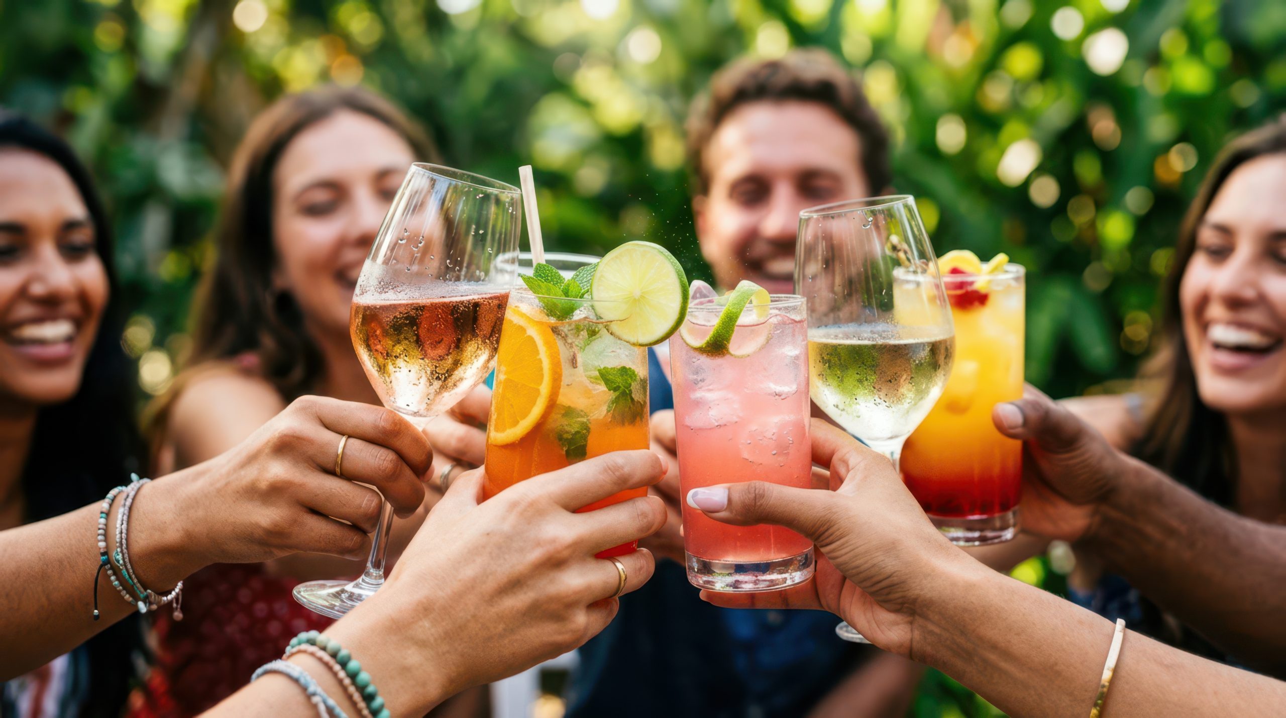 Eine Gruppe an Menschen trinkt alkoholfreie Cocktails